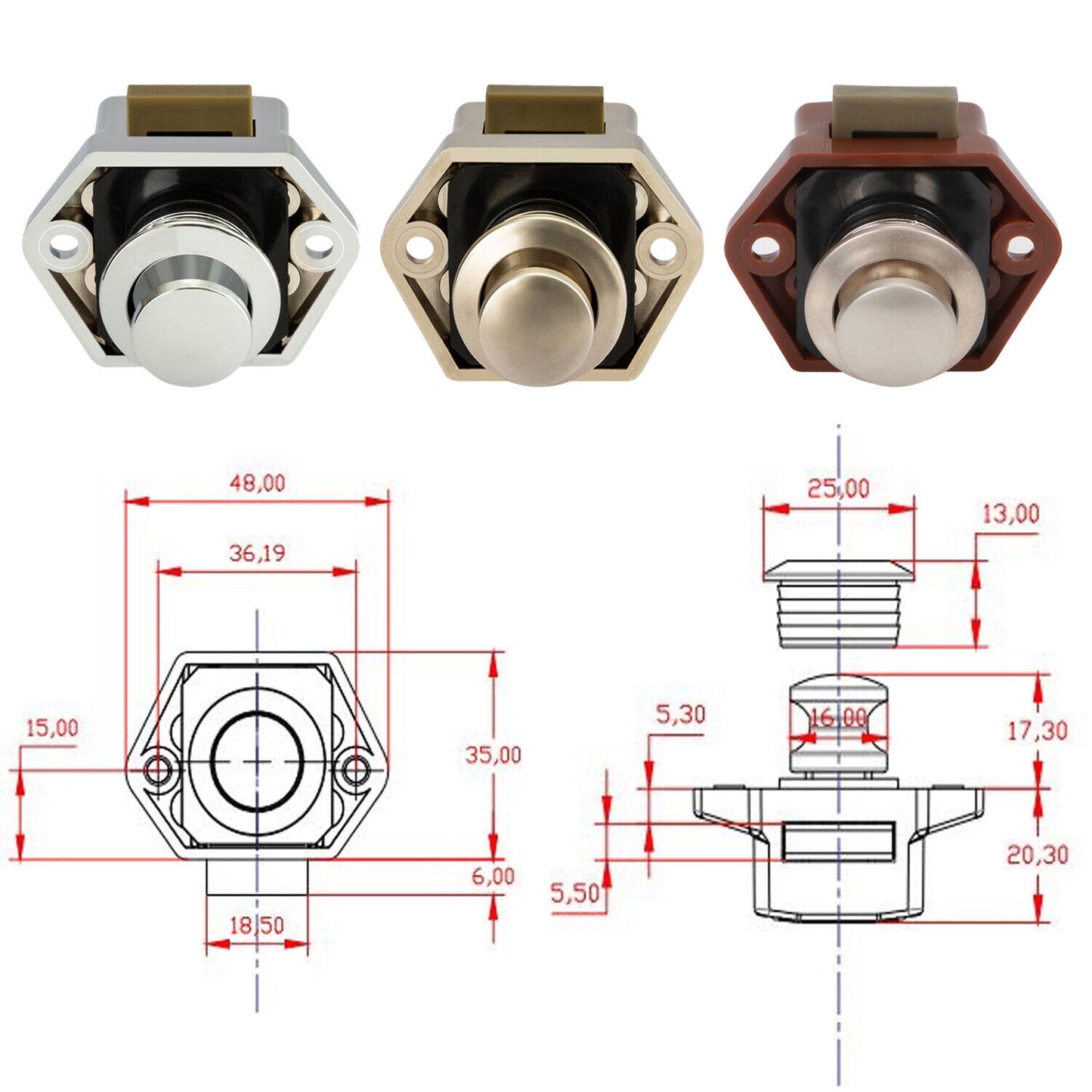 Push Button Latch Kit - Rosette, Latch, Collar & Strike plate